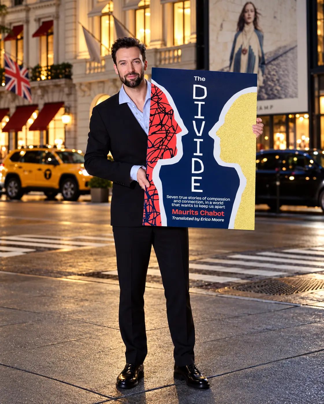 Maurits Chabot staat op een straat in New York en houdt een groot bord met de omslag van The Divide vast; op de achtergrond een gele taxi en verlichte etalages.